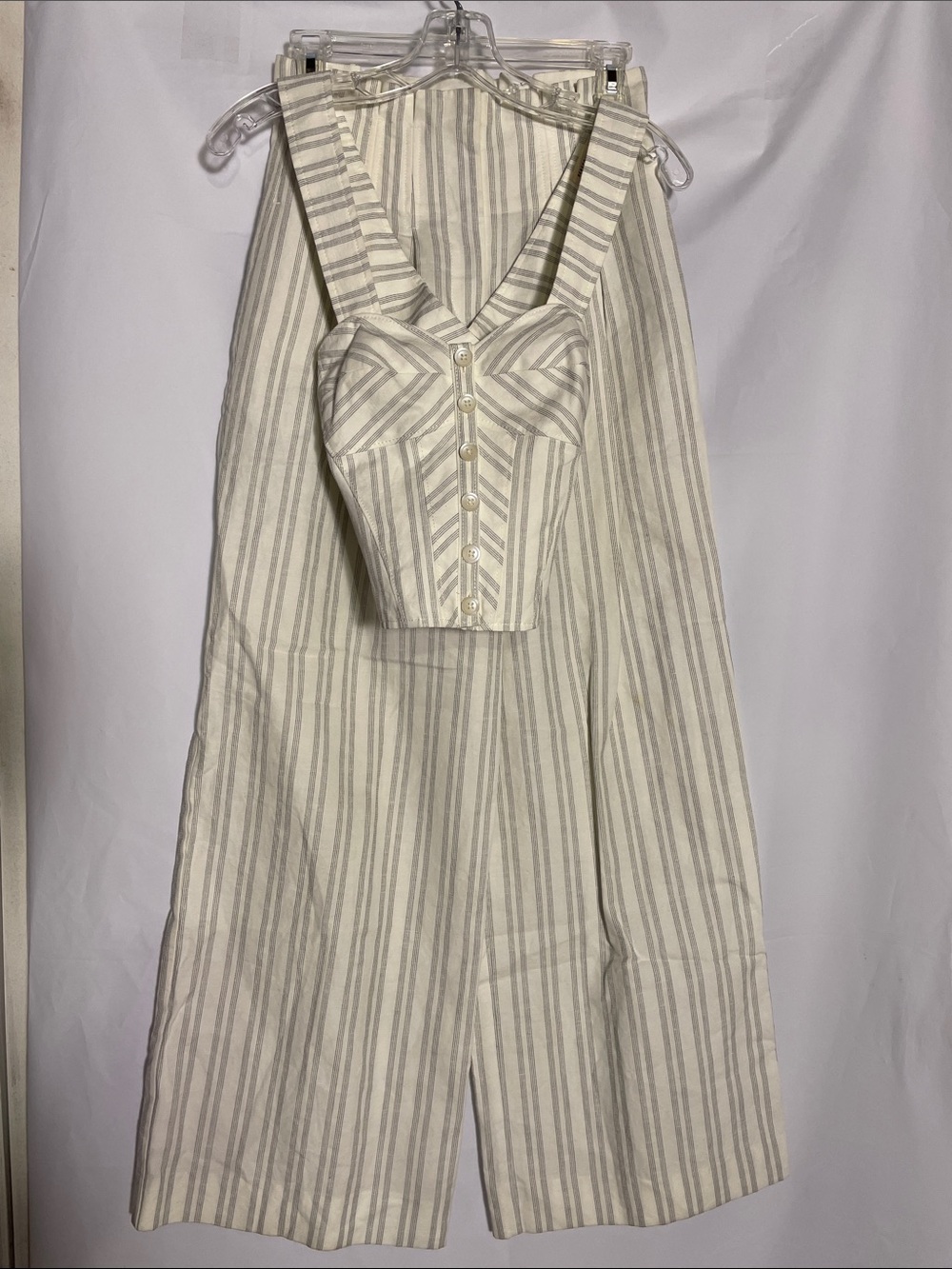 Rebecca Taylor Cream & Gray Striped Wide-Leg Jumpsuit with Corset Top, size 0